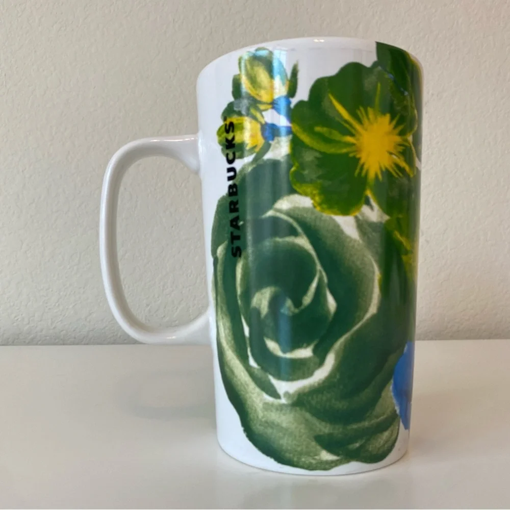 Starbucks Ceramic 16oz Mug 2014 Dot Collection Green Blue Yellow Floral
